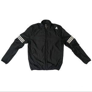 Adidas black zip up windbreaker 3 stripes on sleeves thumb hole back zip pocket